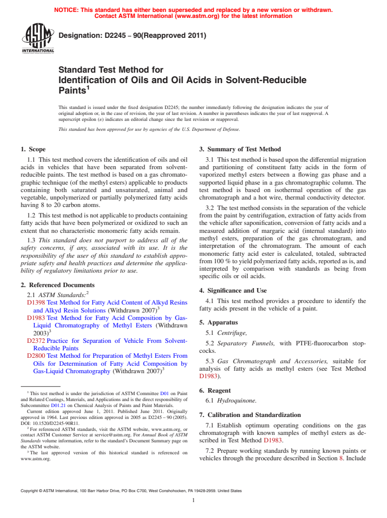 ASTM D2245-90(2011) - Standard Test Method for Identification of Oils and Oil Acids in Solvent-Reducible Paints (Withdrawn 2016)