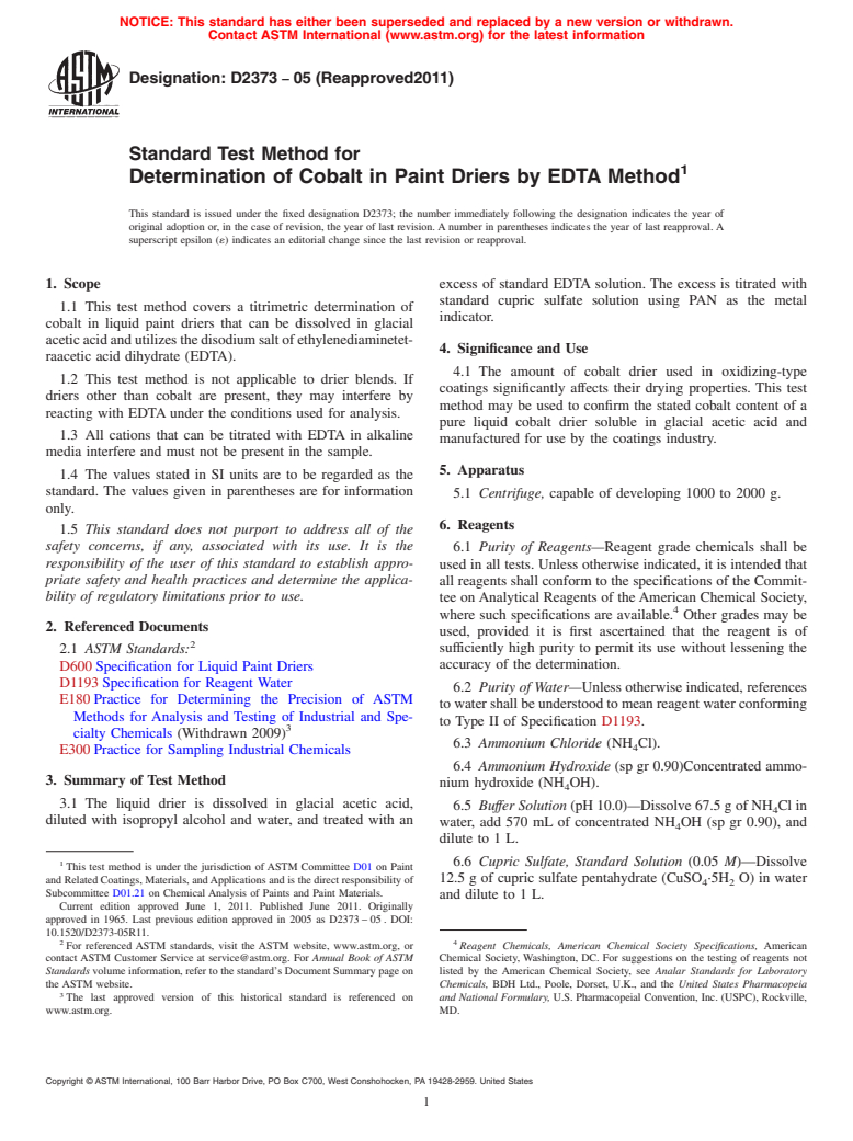 ASTM D2373-05(2011) - Standard Test Method for Determination of Cobalt in Paint Driers by EDTA Method (Withdrawn 2016)