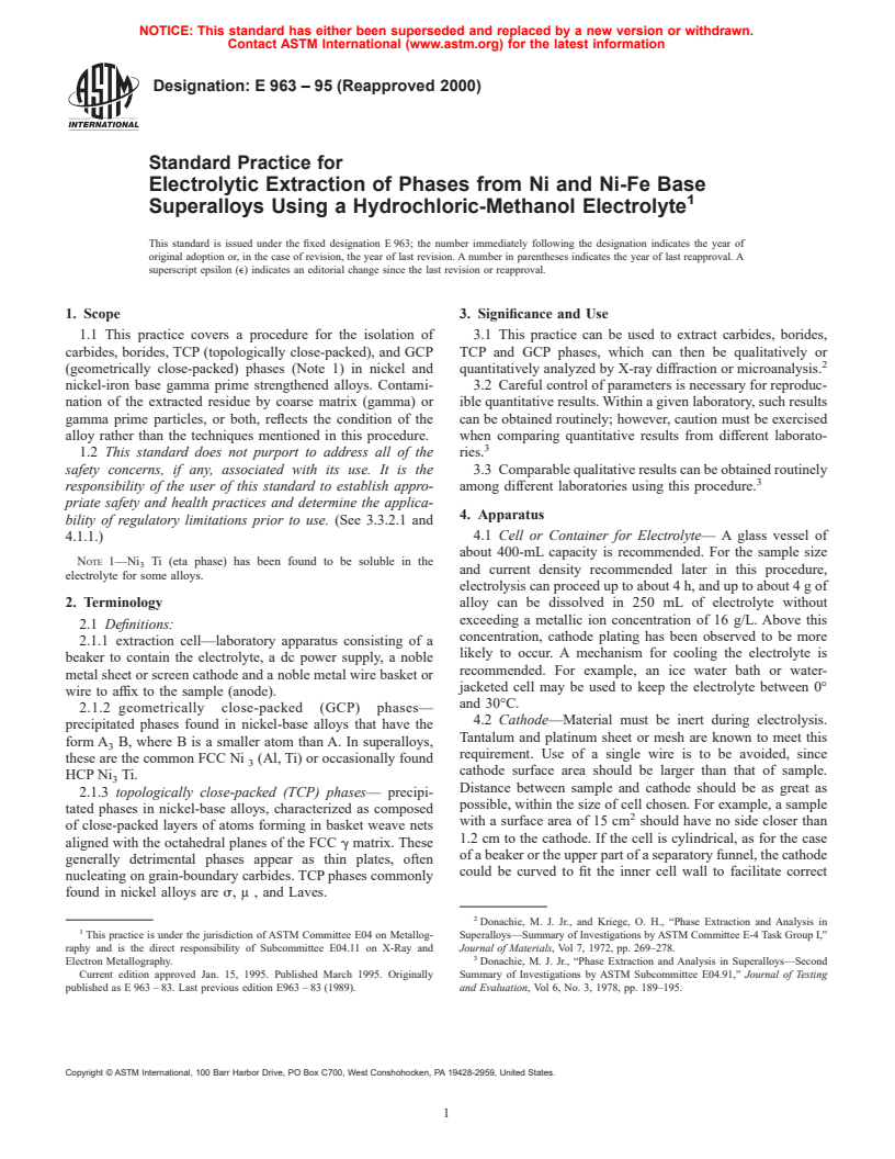 ASTM E963-95(2000) - Standard Practice for Electrolytic Extraction of Phases from Ni and Ni-Fe Base Superalloys Using a Hydrochloric-Methanol Electrolyte