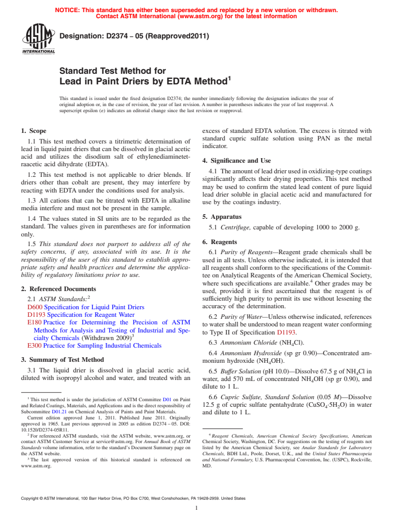 ASTM D2374-05(2011) - Standard Test Method for Lead in Paint Driers by EDTA Method (Withdrawn 2016)