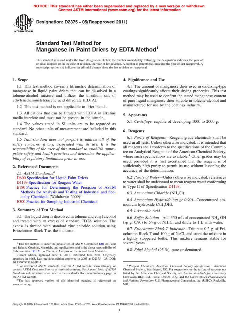 ASTM D2375-05(2011) - Standard Test Method for Manganese in Paint Driers by EDTA Method (Withdrawn 2016)