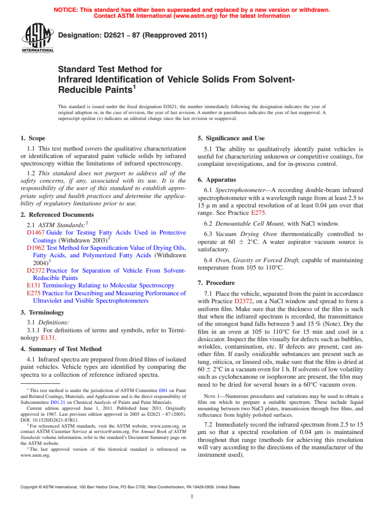 ASTM D2621-87(2011) - Standard Test Method for Infrared Identification of Vehicle Solids From Solvent-Reducible Paints