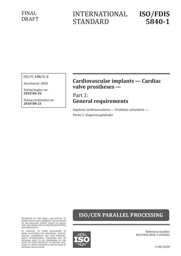 ISO/FDIS 5840-1:Version 20-jun-2020 - Cardiovascular implants -- Cardiac valve prostheses