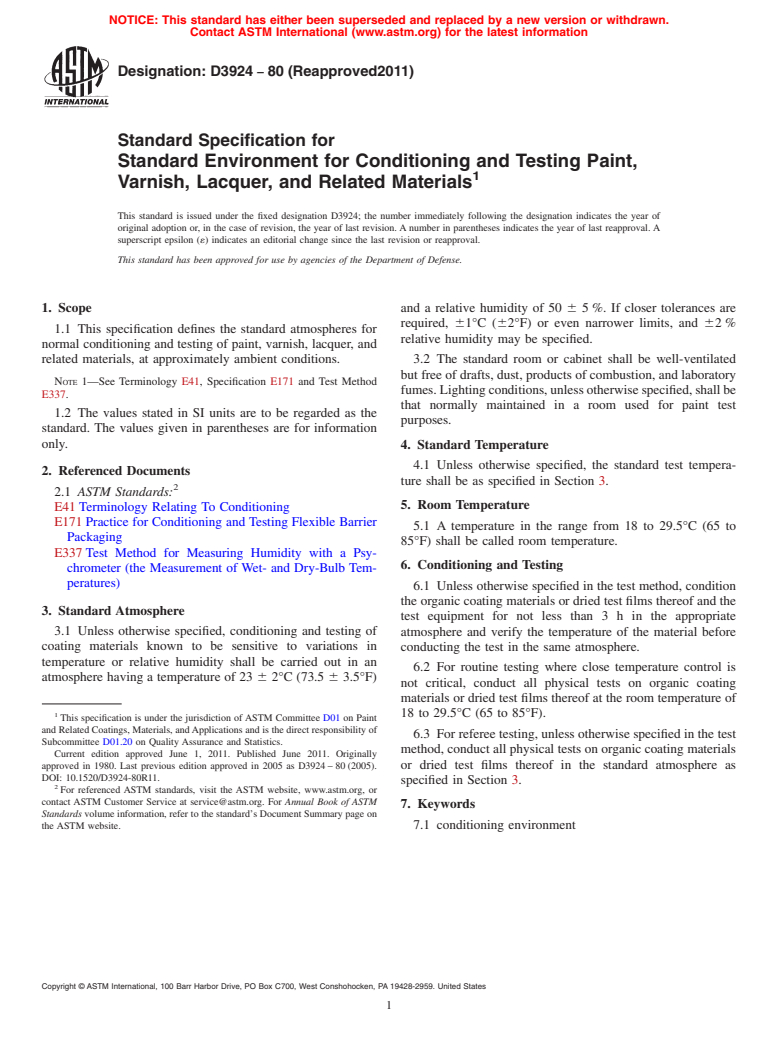 ASTM D3924-80(2011) - Standard Specification for Standard Environment for Conditioning and Testing Paint, Varnish, Lacquer, and Related Materials