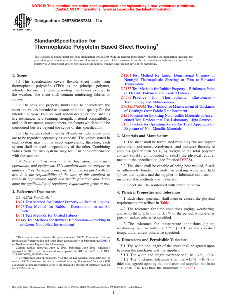 ASTM D6878/D6878M-11a - Standard Specification for Thermoplastic Polyolefin Based Sheet Roofing