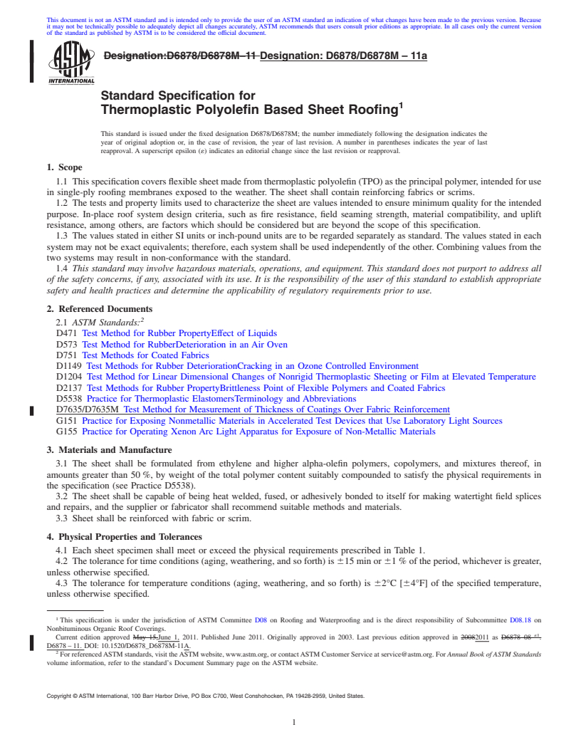 REDLINE ASTM D6878/D6878M-11a - Standard Specification for Thermoplastic Polyolefin Based Sheet Roofing