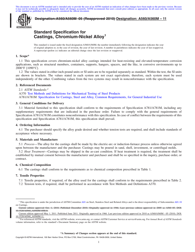 REDLINE ASTM A560/A560M-11 - Standard Specification for Castings, Chromium-Nickel Alloy