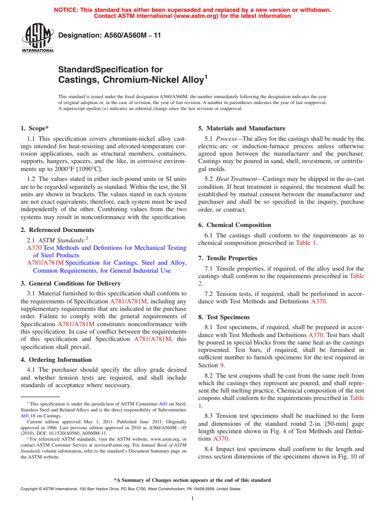 ASTM A560/A560M-11 - Standard Specification for Castings, Chromium-Nickel Alloy