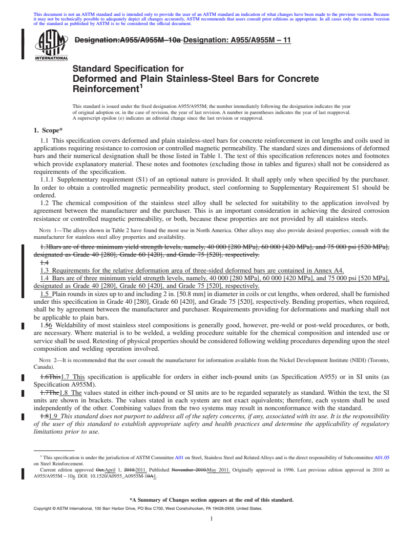 REDLINE ASTM A955/A955M-11 - Standard Specification for Deformed and Plain Stainless-Steel Bars for Concrete Reinforcement