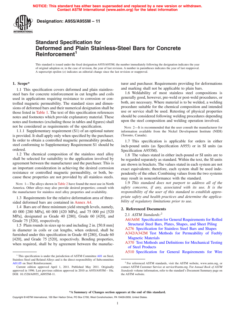 ASTM A955/A955M-11 - Standard Specification for Deformed and Plain Stainless-Steel Bars for Concrete Reinforcement