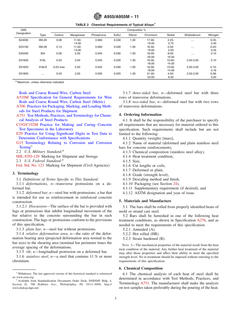 ASTM A955/A955M-11 - Standard Specification for Deformed and Plain Stainless-Steel Bars for Concrete Reinforcement