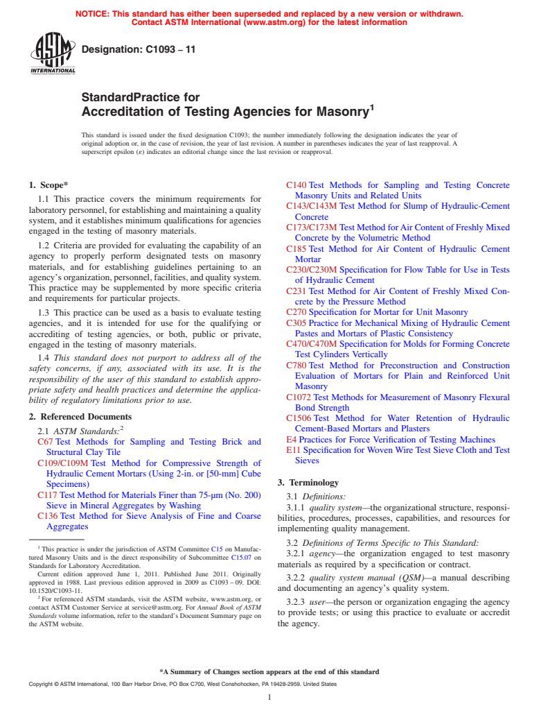 ASTM C1093-11 - Standard Practice for  Accreditation of Testing Agencies for Masonry