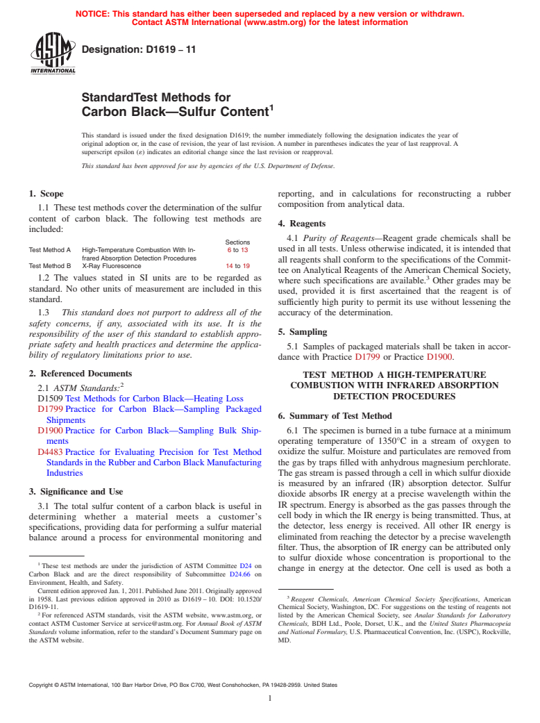 ASTM D1619-11 - Standard Test Methods for  Carbon Black<span class='unicode'>&#x2014;</span>Sulfur Content