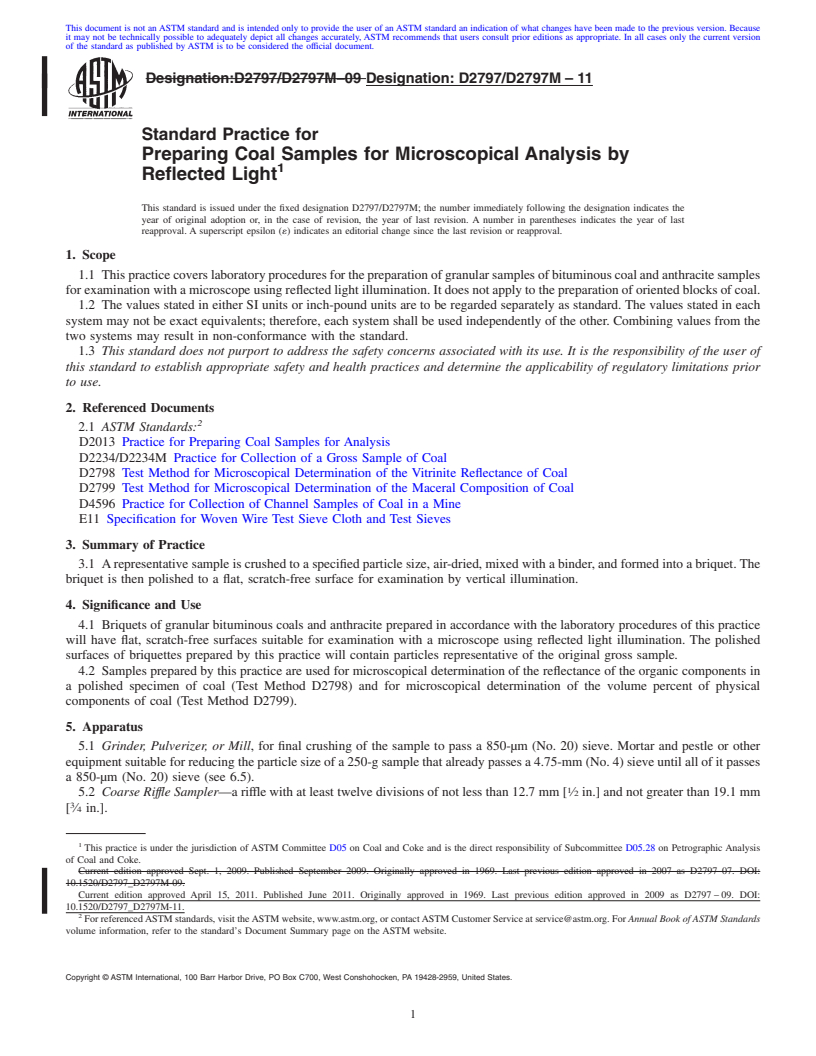 REDLINE ASTM D2797/D2797M-11 - Standard Practice for Preparing Coal Samples for Microscopical Analysis by Reflected Light