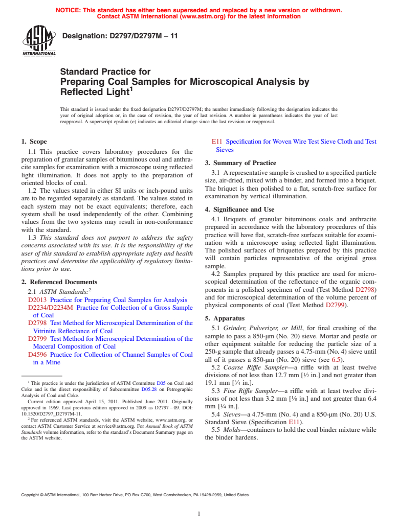 ASTM D2797/D2797M-11 - Standard Practice for Preparing Coal Samples for Microscopical Analysis by Reflected Light