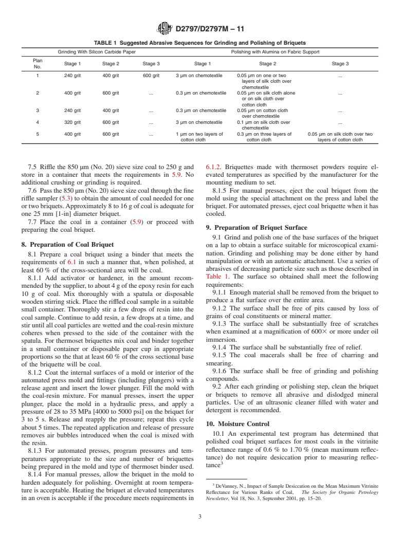 ASTM D2797/D2797M-11 - Standard Practice for Preparing Coal Samples for Microscopical Analysis by Reflected Light