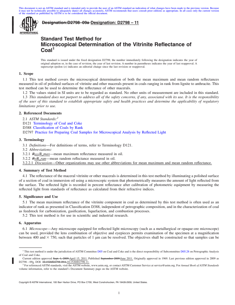 REDLINE ASTM D2798-11 - Standard Test Method for Microscopical Determination of the Vitrinite Reflectance of Coal