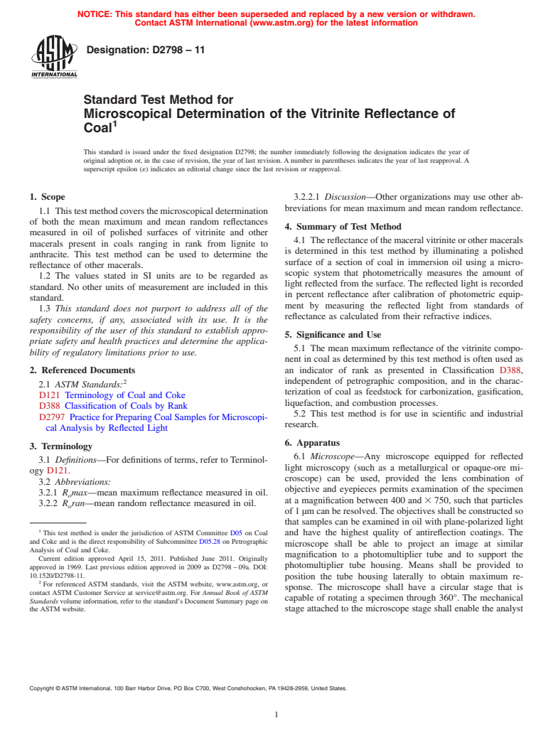 ASTM D2798-11 - Standard Test Method for Microscopical Determination of the Vitrinite Reflectance of Coal