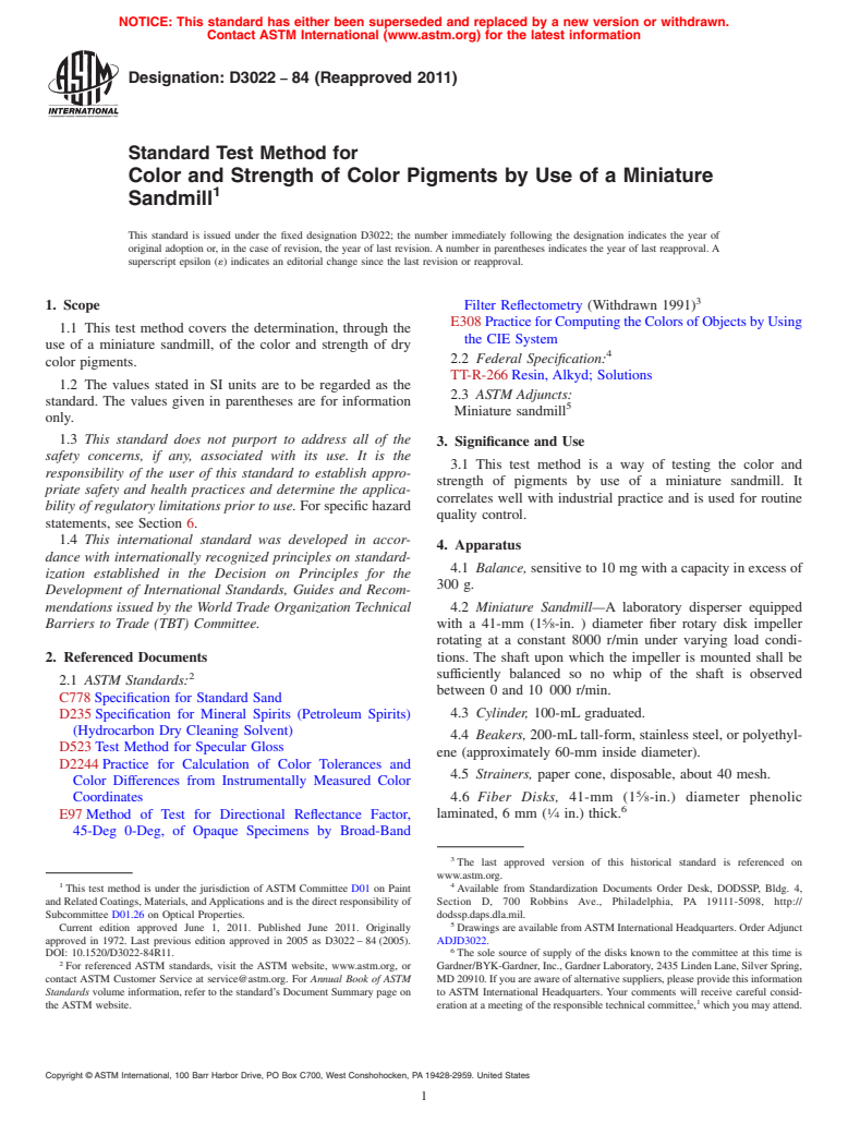 ASTM D3022-84(2011) - Standard Test Method for Color and Strength of Color Pigments by Use of a Miniature Sandmill (Withdrawn 2020)