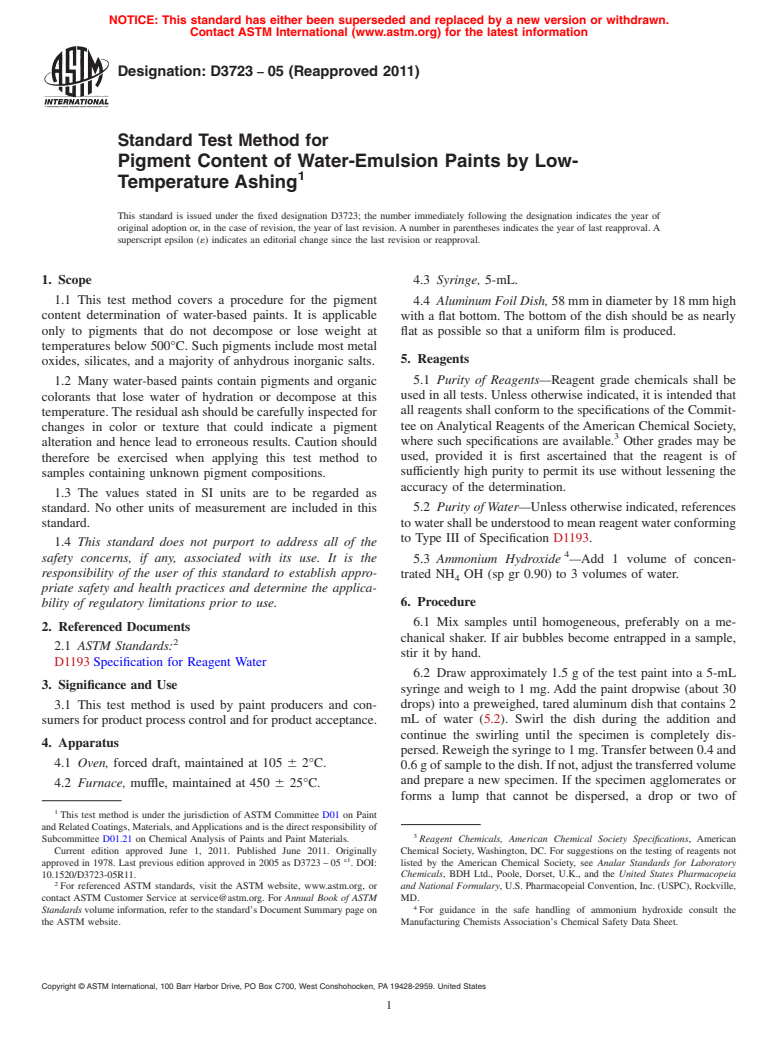 ASTM D3723-05(2011) - Standard Test Method for Pigment Content of Water-Emulsion Paints by Low-Temperature Ashing