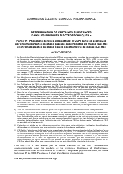 IEC 62321-11:2023 IEC/FDIS 62321-11 - Détermination de certaines substances dans les produits électrotechniques — Partie 11: Phosphate de tris (2-chloroéthyle) (TCEP) dans les plastiques par chromatographie en phase gazeuse-spectrométrie de masse (GC-MS) et chromatographie liquide-spectrométrie de masse (LC-MS)
Released:6. 10. 2023 - Page 4 preview