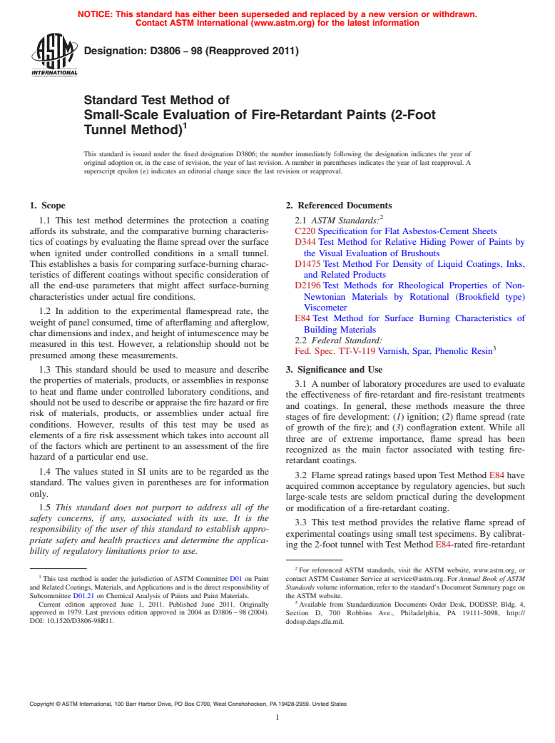 ASTM D3806-98(2011) - Standard Test Method of Small-Scale Evaluation of Fire-Retardant Paints (2-Foot Tunnel Method)