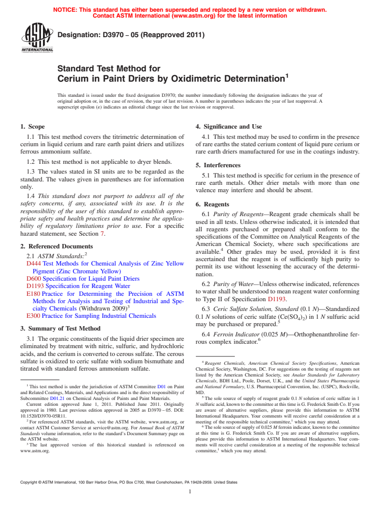 ASTM D3970-05(2011) - Standard Test Method for Cerium in Paint Driers by Oxidimetric Determination