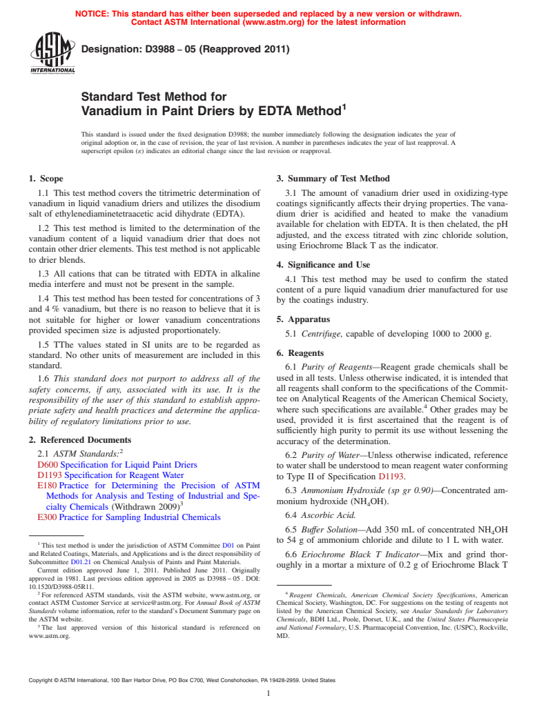 ASTM D3988-05(2011) - Standard Test Method for Vanadium in Paint Driers by EDTA Method