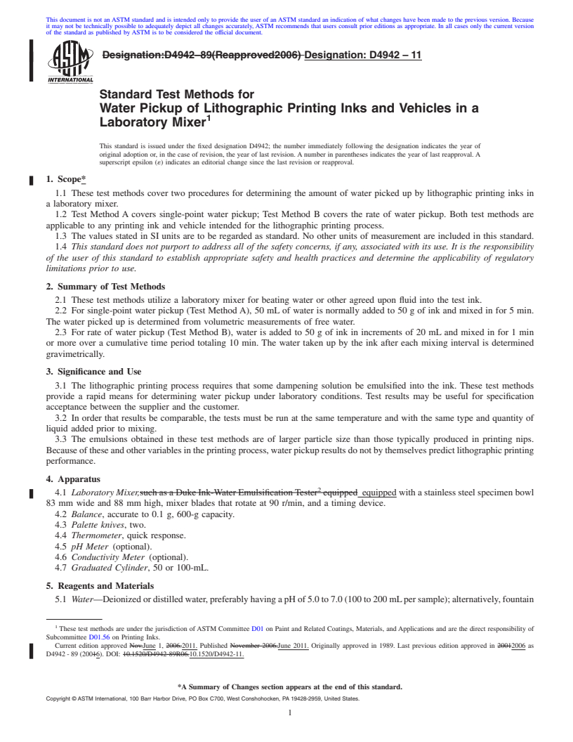 REDLINE ASTM D4942-11 - Standard Test Methods for Water Pickup of Lithographic Printing Inks and Vehicles in a Laboratory Mixer (Withdrawn 2020)