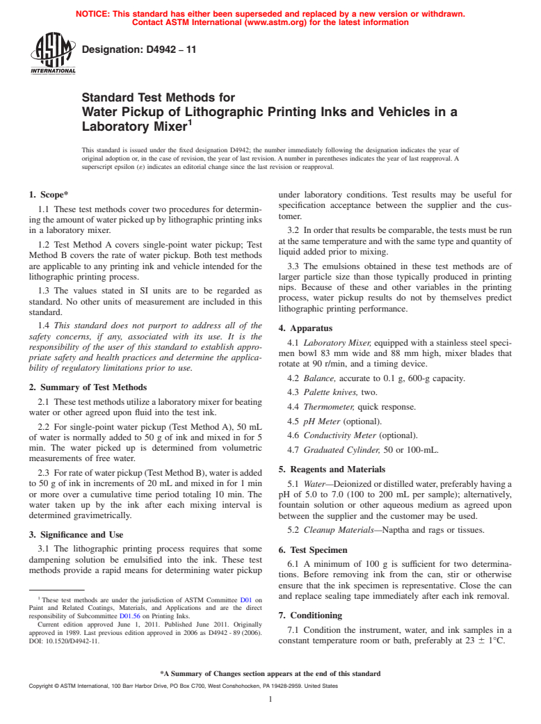 ASTM D4942-11 - Standard Test Methods for Water Pickup of Lithographic Printing Inks and Vehicles in a Laboratory Mixer (Withdrawn 2020)