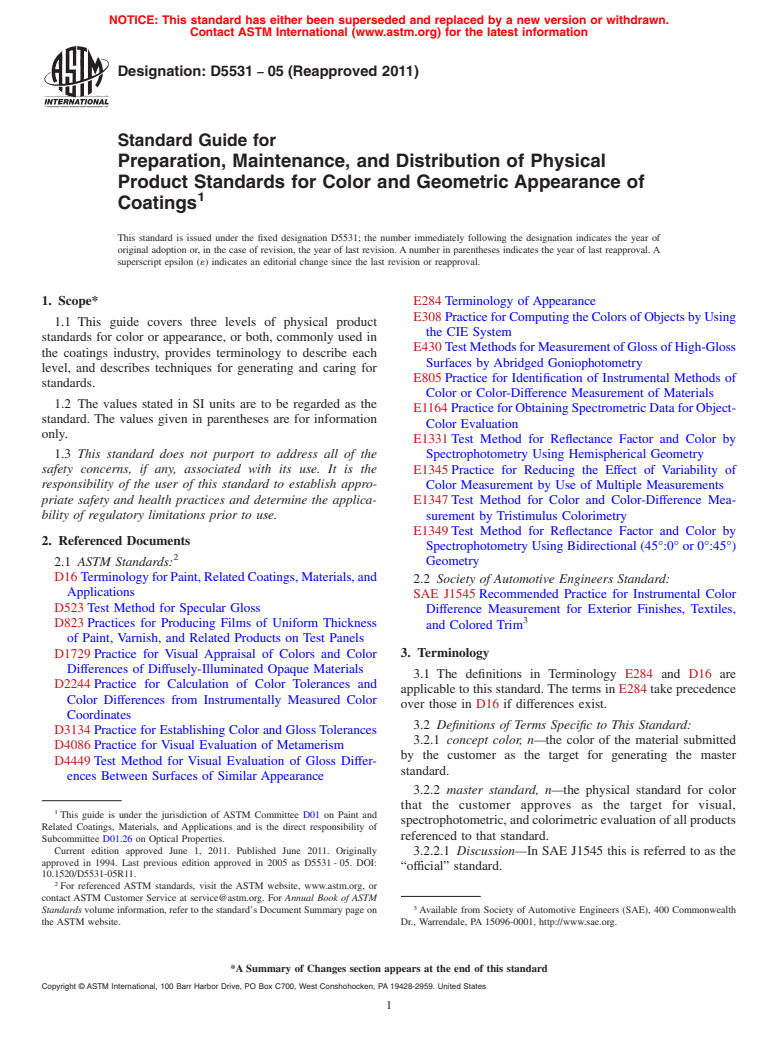 ASTM D5531-05(2011) - Standard Guide for Preparation, Maintenance, and Distribution of Physical Product Standards for Color and Geometric Appearance of Coatings