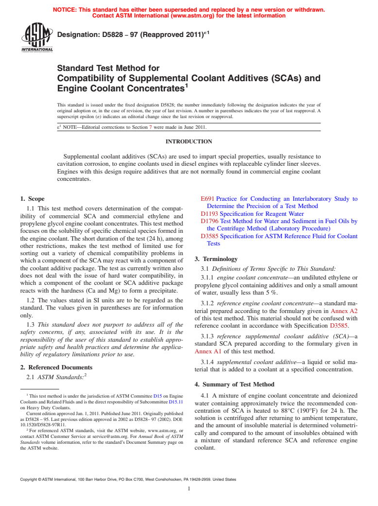 ASTM D5828-97(2011)e1 - Standard Test Method for Compatibility of Supplemental Coolant Additives (SCAs) and Engine Coolant Concentrates