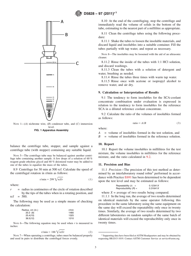 ASTM D5828-97(2011)e1 - Standard Test Method for Compatibility of Supplemental Coolant Additives (SCAs) and Engine Coolant Concentrates