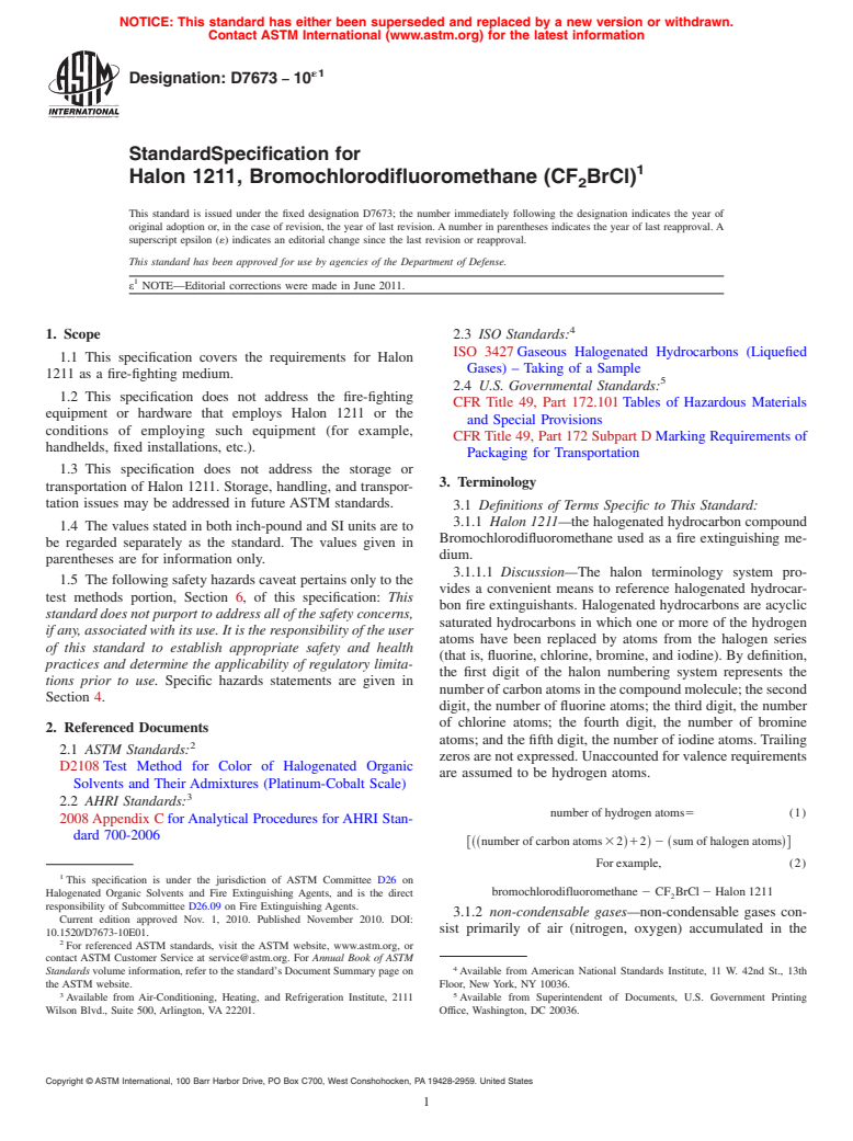 ASTM D7673-10e1 - Standard Specification for Halon 1211, Bromochlorodifluoromethane (CF<sub>2</sub>BrCl)