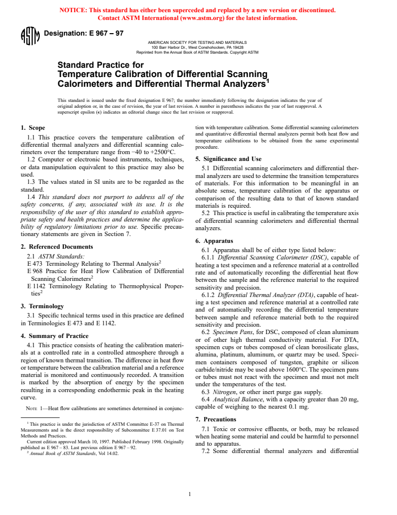 ASTM E967-97 - Standard Practice for Temperature Calibration of Differential Scanning Calorimeters and Differential Thermal Analyzers