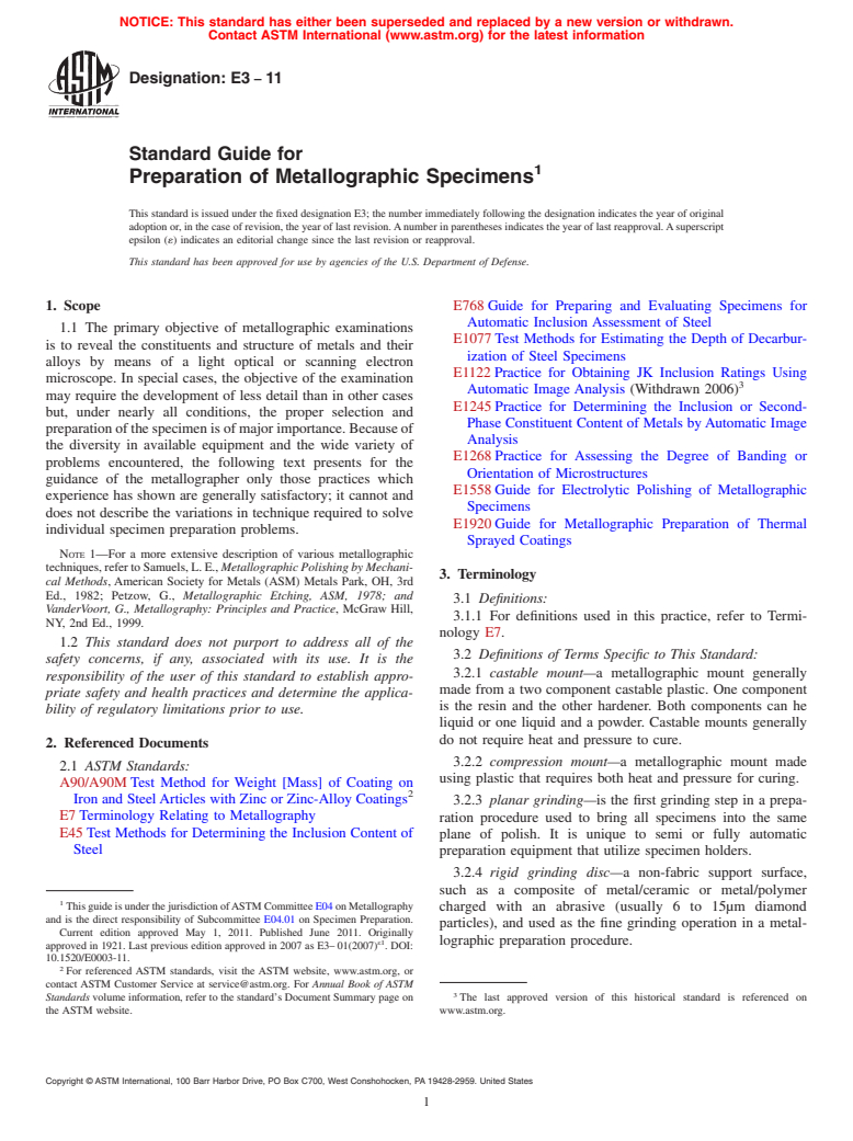 ASTM E3-11 - Standard Guide for Preparation of Metallographic Specimens