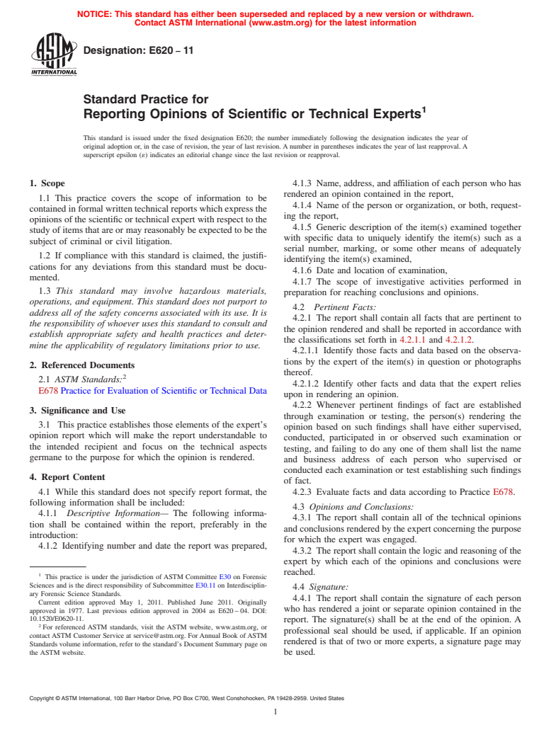 ASTM E620-11 - Standard Practice for Reporting Opinions of Scientific or Technical Experts