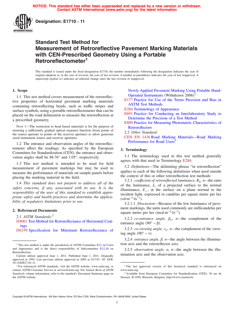 ASTM E1710-11 - Standard Test Method for Measurement of Retroreflective Pavement Marking Materials with CEN-Prescribed Geometry Using a Portable Retroreflectometer