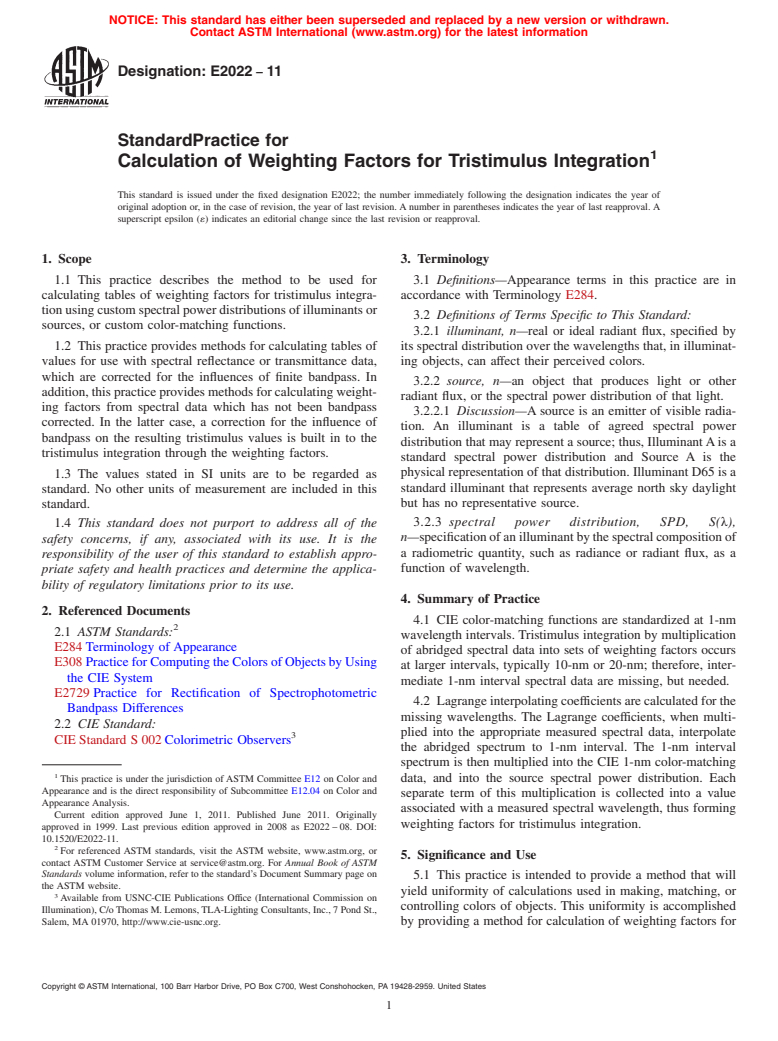 ASTM E2022-11 - Standard Practice for Calculation of Weighting Factors for Tristimulus Integration