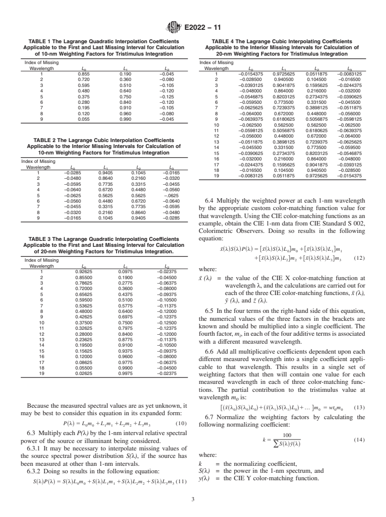 ASTM E2022-11 - Standard Practice for Calculation of Weighting Factors for Tristimulus Integration