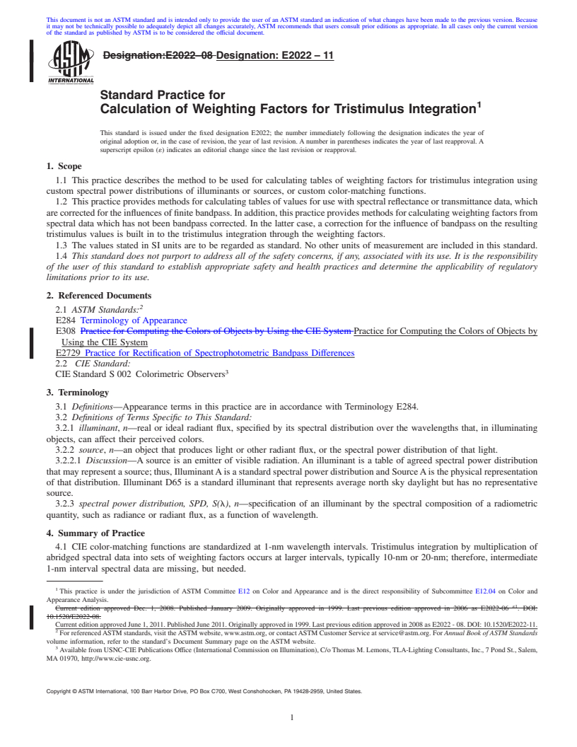 REDLINE ASTM E2022-11 - Standard Practice for Calculation of Weighting Factors for Tristimulus Integration