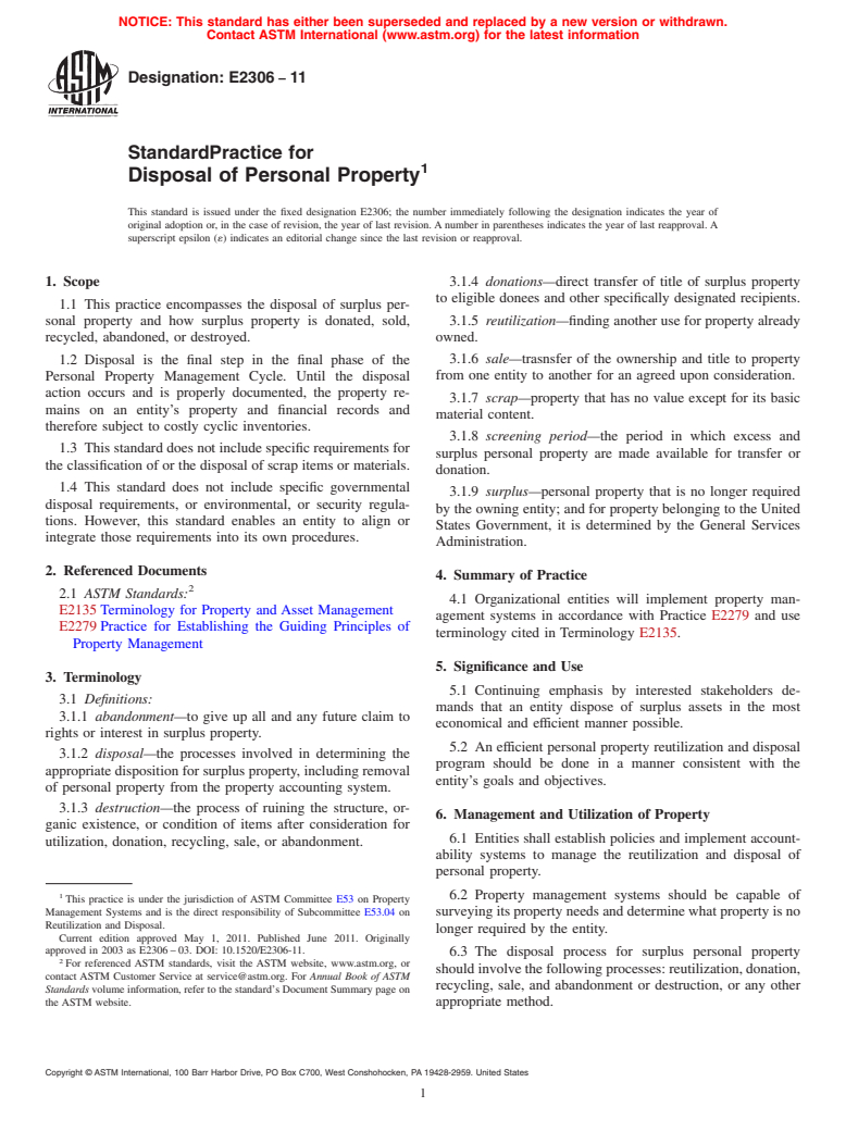 ASTM E2306-11 - Standard Practice for Disposal of Personal Property