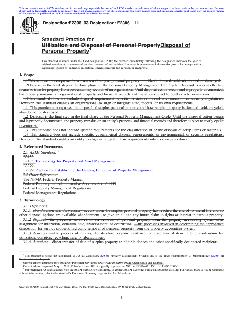 REDLINE ASTM E2306-11 - Standard Practice for Disposal of Personal Property