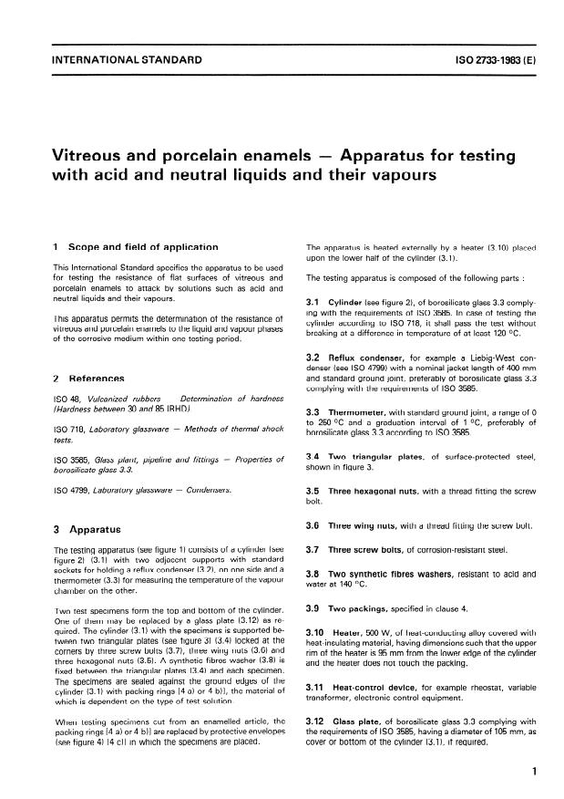 ISO 2733:1983 - Vitreous and porcelain enamels -- Apparatus for testing with acid and neutral liquids and their vapours