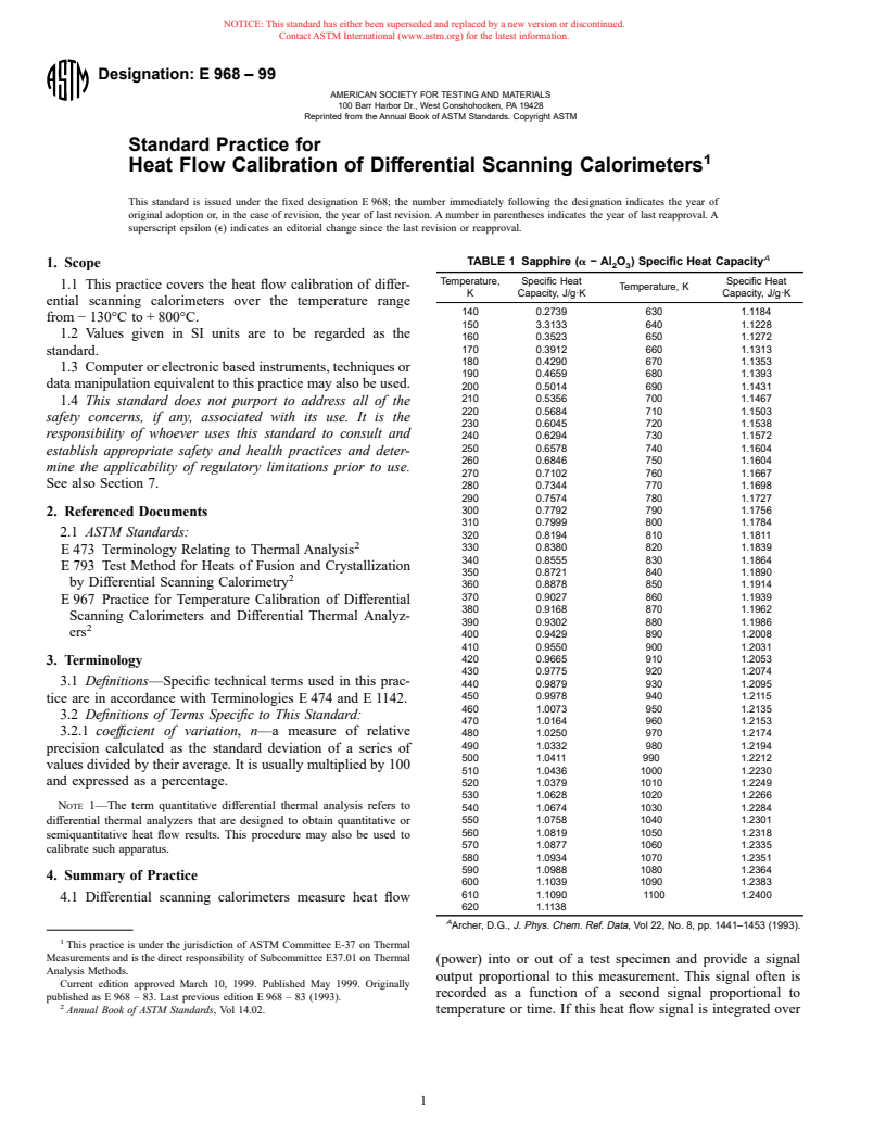 ASTM E968-99 - Standard Practice for Heat Flow Calibration of Differential Scanning Calorimeters