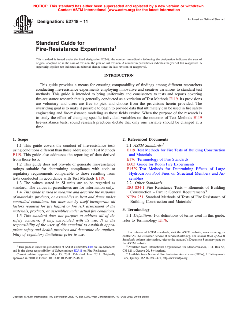 ASTM E2748-11 - Standard Guide for Fire-Resistance Experiments