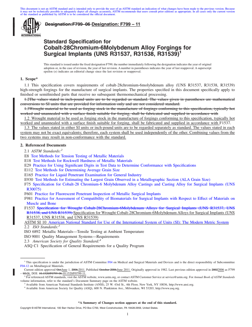 REDLINE ASTM F799-11 - Standard Specification for Cobalt-28Chromium-6Molybdenum Alloy Forgings for Surgical Implants (UNS R31537, R31538, R31539)