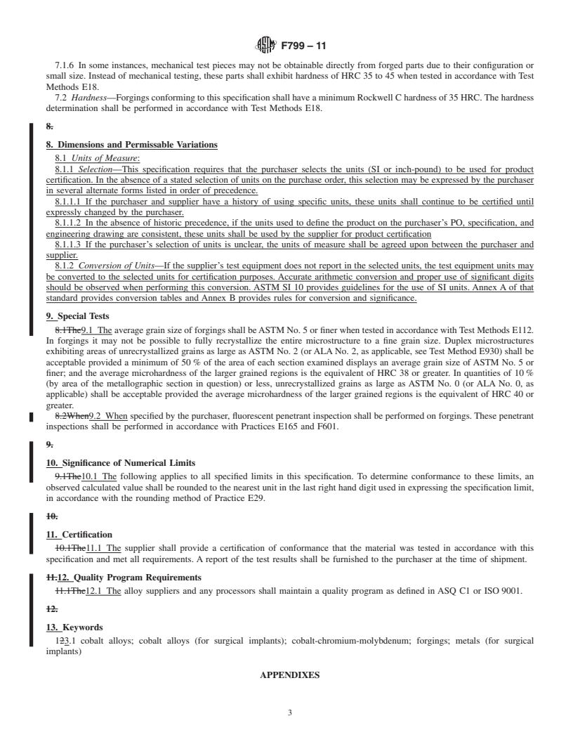 REDLINE ASTM F799-11 - Standard Specification for Cobalt-28Chromium-6Molybdenum Alloy Forgings for Surgical Implants (UNS R31537, R31538, R31539)