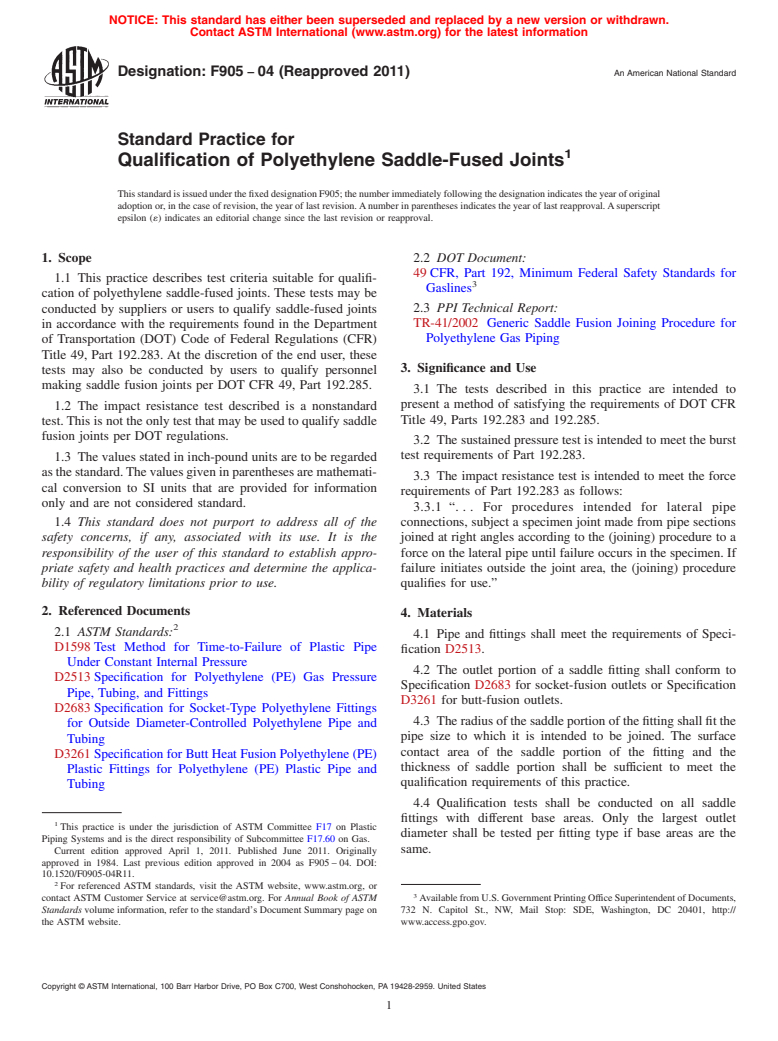 ASTM F905-04(2011) - Standard Practice for Qualification of Polyethylene Saddle-Fused Joints