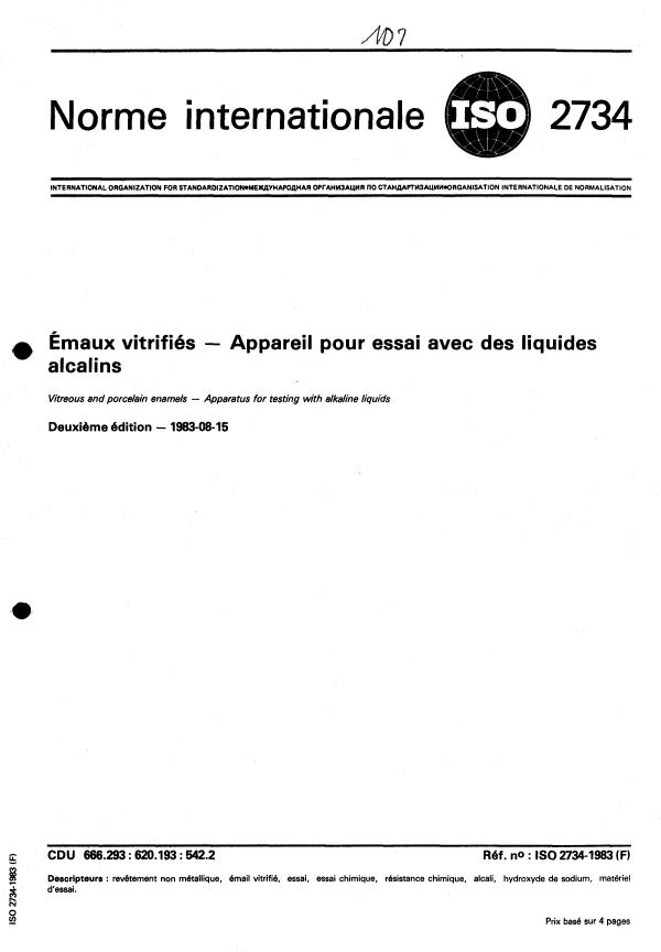 ISO 2734:1983 - Émaux vitrifiés -- Appareil pour essai avec des liquides alcalins